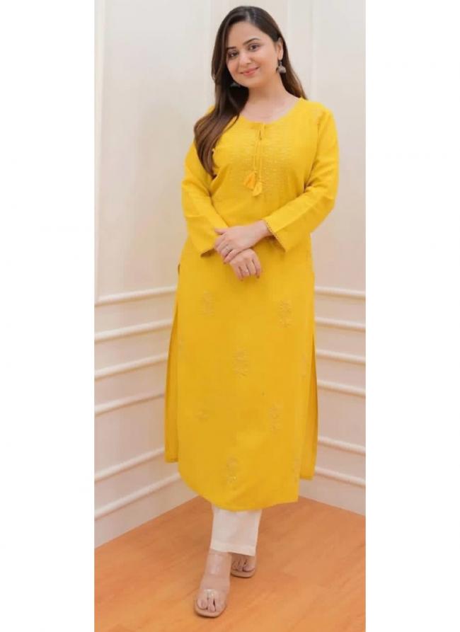 Rayon Cotton Yellow Casual Wear Embroidery Work Readymade Kurti With Plazzo